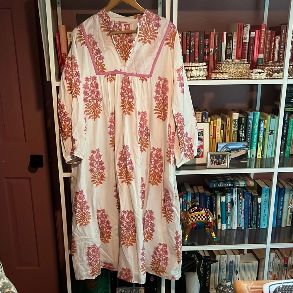 Victoria Dunn Pink and Orange Floral BlockprintMaxi Dress